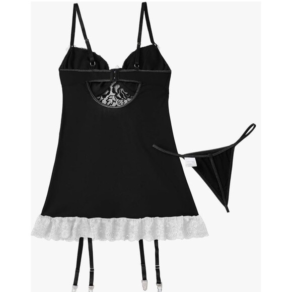 Lilosy Sexy Stocking Garter Belt Bows Floral Lace Babydoll Corset - Picture 6 of 6